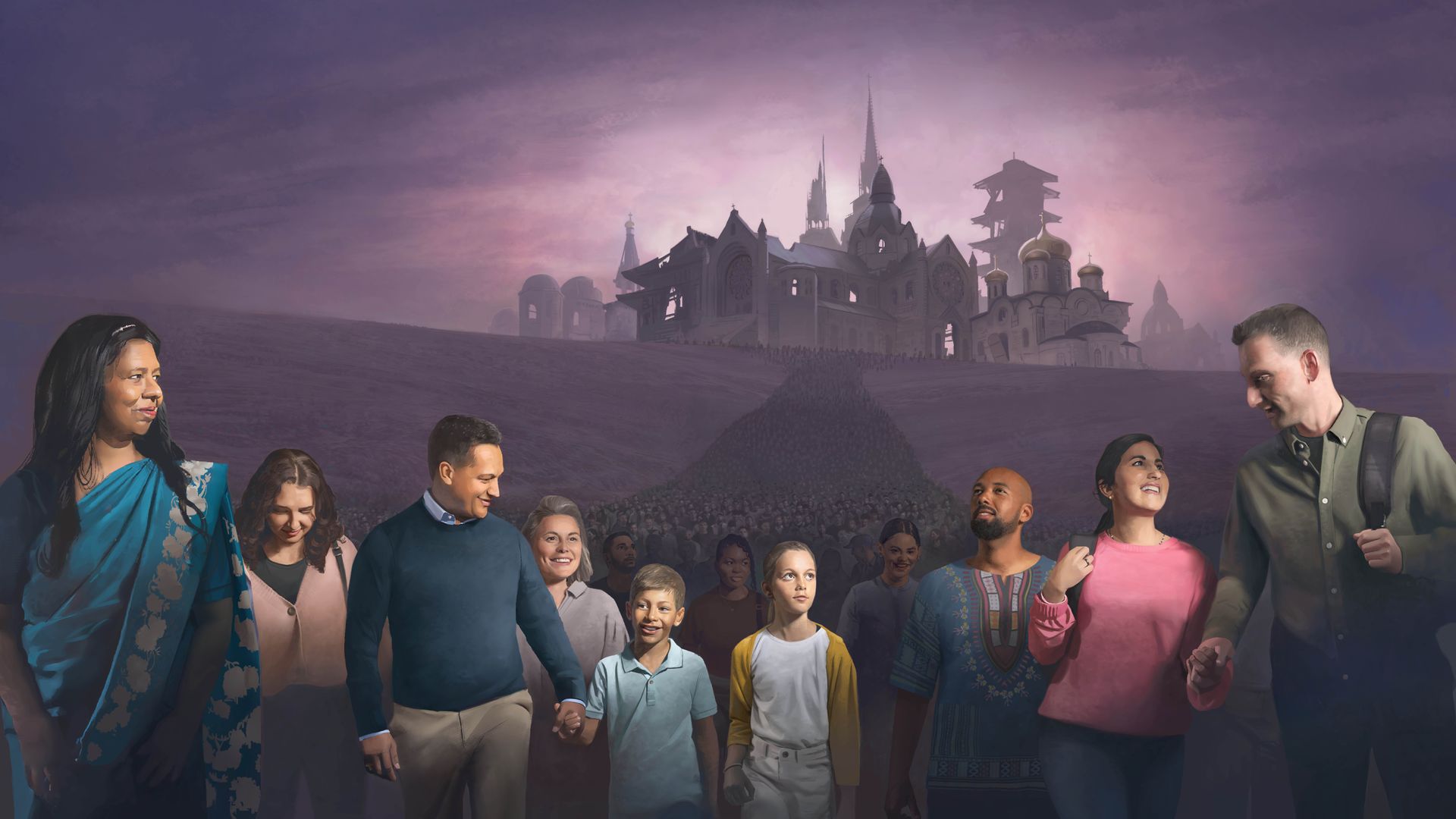 Տղամարդկանց, կանանց և երեխաների մի մեծ բազմություն միասին ուրախ քայլում է։ Նրանց հետևում ամայացած և վնասված կրոնական շինություններ են