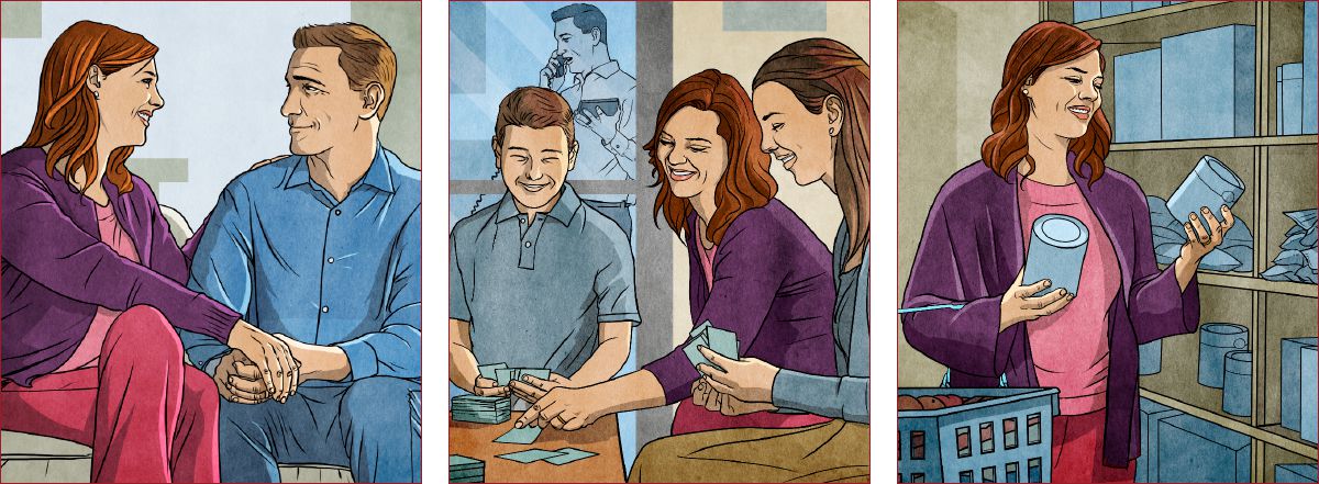 Կինը սիրալիր խոսում է ամուսնու հետ, հոգ է տանում երեխաների մասին, մինչ ամուսինը զբաղված է ժողովի գործերով, և գնումներ է անում