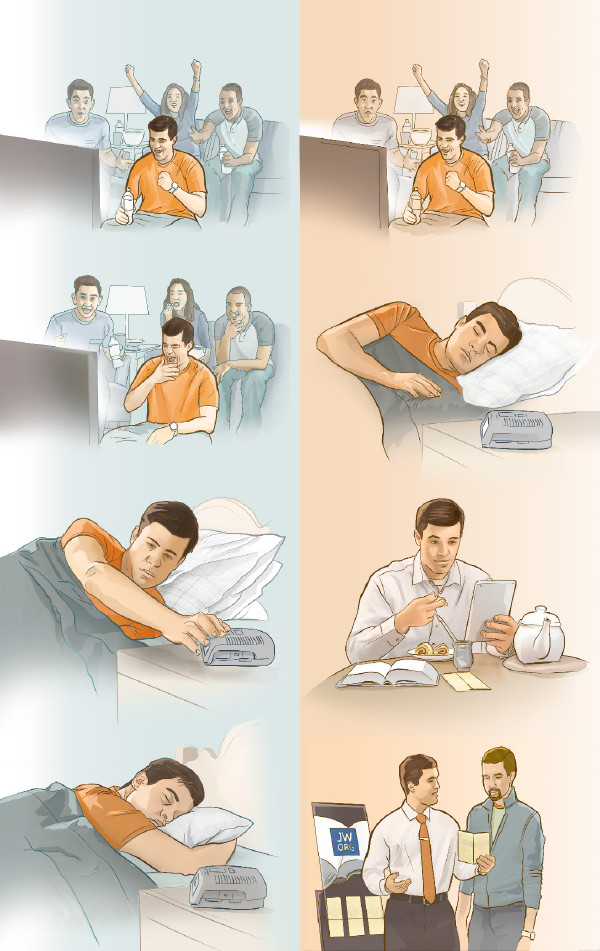 1. Քրիստոնյան մինչև ուշ գիշեր հեռուստացույց է դիտում և առավոտյան չի կարողանում արթնանալ։ 2. Քրիստոնյան ողջամտություն է դրսևորում և հեռուստացույցի առաջ չափազանց երկար չի նստում, ուստի առավոտյան կարողանում է արթնանալ և մասնակցել բարի լուրի քարոզչությանը