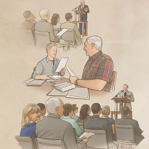 1. Երեցը հանրային ելույթ է ներկայացնում; 2. Երեցն օգնում է ծառայող օգնականին; 3. Ծառայող օգնականը հանրային ելույթ է ներկայացնում