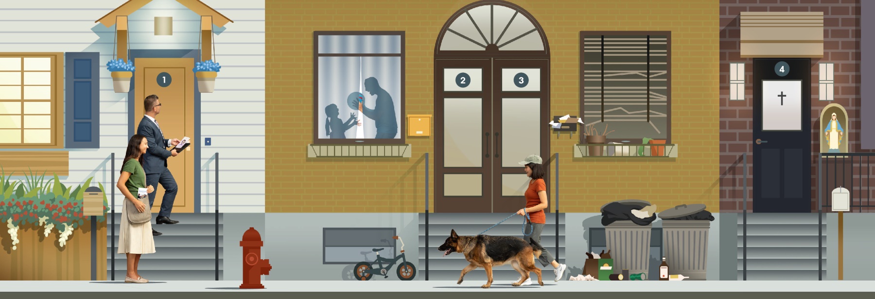 Ամուսնական զույգը դիտունակ է ծառայության ժամանակ։ Դրվագ1։ Ամուսնական զույգը կանգնած է ծաղիկներով զարդարված կոկիկ տան դիմաց։ Դրվագ2։ Տան մեջ հայրը խաղում է փոքրիկ աղջկա հետ։ Բակում մանկական հեծանիվ կա։ Դրվագ3։ Անփույթ տուն։ Պատուհանի շերտավարագույրը ջարդրտված է, աղբամանները լիքն են, և բակի հատակը կեղտոտ է։ Դրվագ4։ Տան դռանը խաչ է փակցված, իսկ պատվանդանի վրա Մարիամի արձանիկն է դրված։ Դրվագ5։ Կինը զբոսնում է շան հետ։