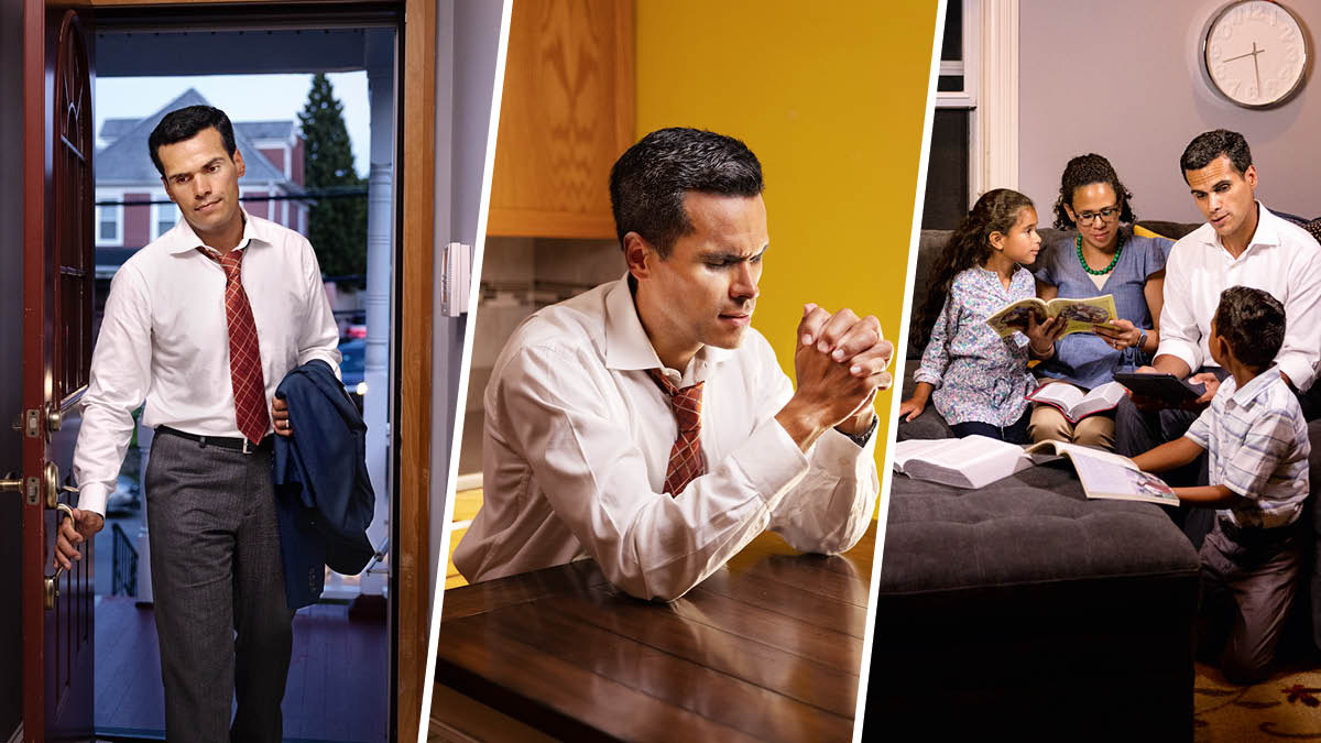 Տարբեր դրվագներից բաղկացած նկար։ 1. Հայրը ծանր աշխատանքային օրվանից հետո ուժասպառ մտնում է տուն։ 2. Նա ջերմեռանդորեն աղոթում է Եհովային։ 3. Նա, կինն ու երկու երեխաները միասին ընտանեկան երկրպագություն են անում։