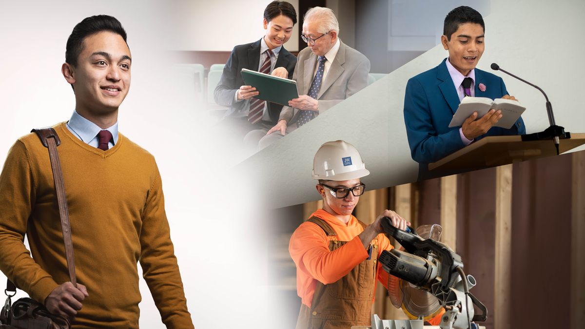 Նախորդ նկարում պատկերված եղբայրները ուրախությամբ մասնակցում են տարբեր աստվածապետական գործերի։ Դրվագ 1. Եղբայրը, ով խորհում էր ընթերցածի շուրջ, մասնակցում է քարոզչական գործին։ Դրվագ 2. Եղբայրը, ով օգնում էր ծնողներին սեղան գցել, օգնում է տարեց եղբորը օգտվել էլեկտրոնային սարքից։ Դրվագ 3. Եղբայրը, ով հաճախում էր գրաճանաչության դասընթացի, ժողովի հանդիպման ժամանակ, գրակալի մոտ կանգնած, ընթերցում է Աստվածաշունչը։ Դրվագ 4. Եղբայրը, ով ատաղձագործություն էր սովորում, մասնակցում է աստվածապետական շինարարական նախագծի և աշխատում է էլեկտրական սղոցով։