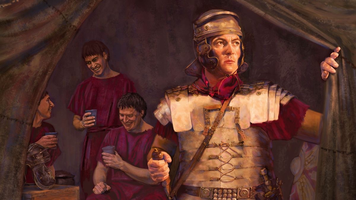 Հռոմեացի զինվորը, ամբողջական սպառազինությունը հագած, կանգնած է վրանի մուտքի մոտ և հսկում է այն։ Նրա հետևում մյուս զինվորները, առանց որևէ սպառազինության, խմում են և ուրախանում։