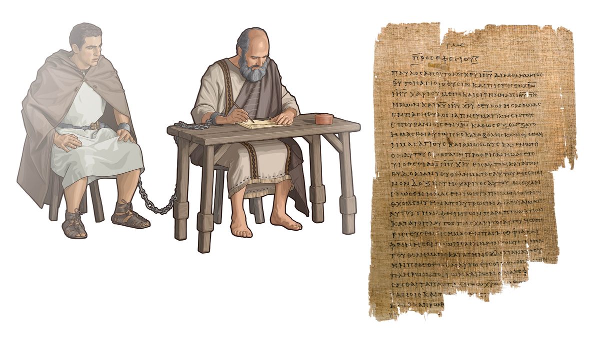 Տարբեր դրվագներից բաղկացած նկար։ 1. Պողոս առաքյալը, հռոմեացի զինվորին շղթայված, մի նամակ է գրում։ 2. Եփեսացիներին ուղղված Պողոսի նամակի հին կրկնօրինակ։