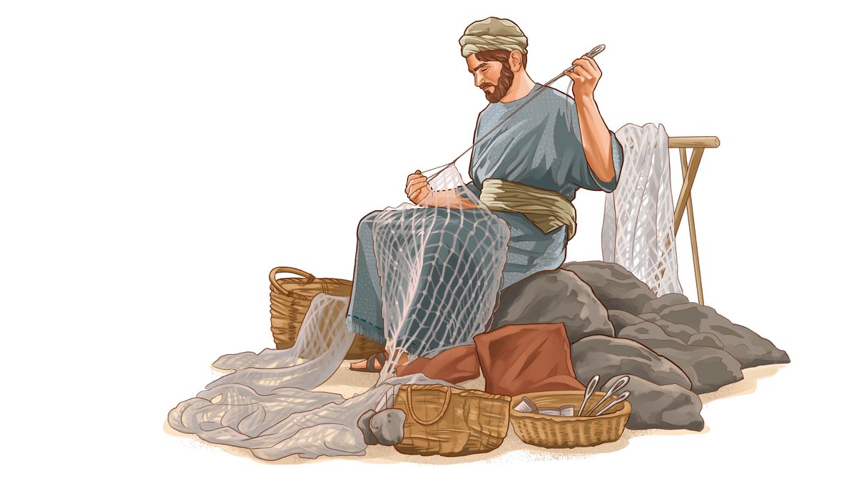 Առաջին դարի ձկնորս, որը նորոգում է իր ձկնորսական ցանցը