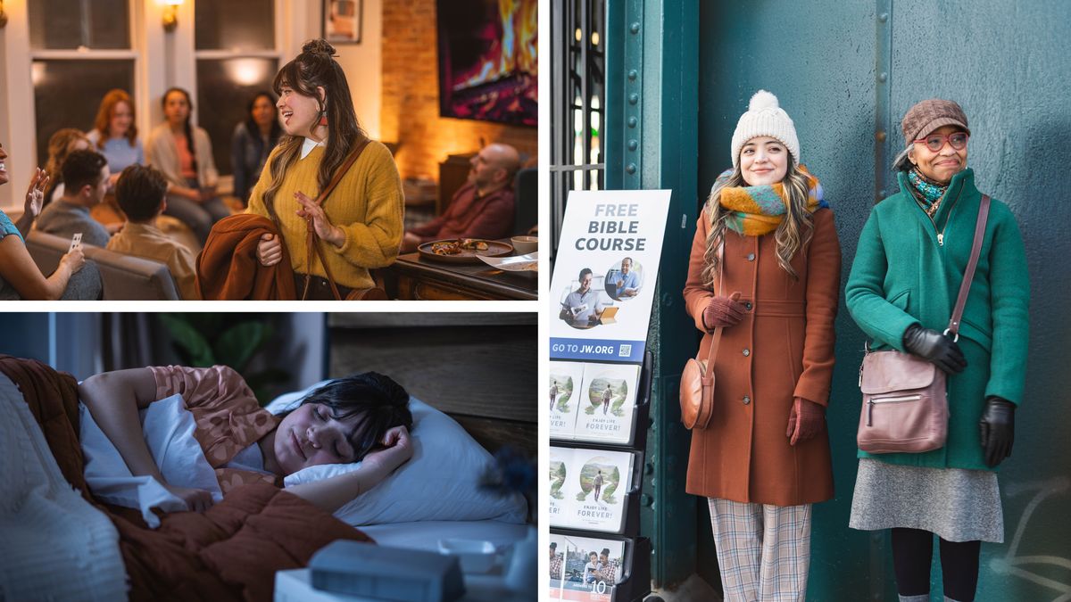 Համակցված նկարներ։ Երիտասարդ քույրը կարևորությունը տալիս է հոգևոր գործերին։ Այս իրավիճակը նկարագրող նկարները հաջորդիվ հանդիպում են առանձին-առանձին