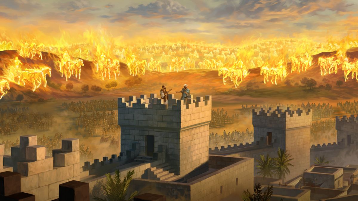 Եղիսեն և նրա սպասավորը կանգնած են դիտաշտարակի վրա։ Սպասավորը տեսնում է դեպի ասորական բանակը սլացող անթիվ-անհամար հրեղեն ձիեր ու մարտակառքեր