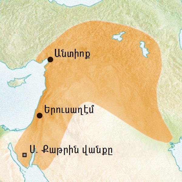 Անտիոքի եւ Երուսաղէմի շրջաններուն քարտէսը, ուր ասորերէնը կը խօսուէր