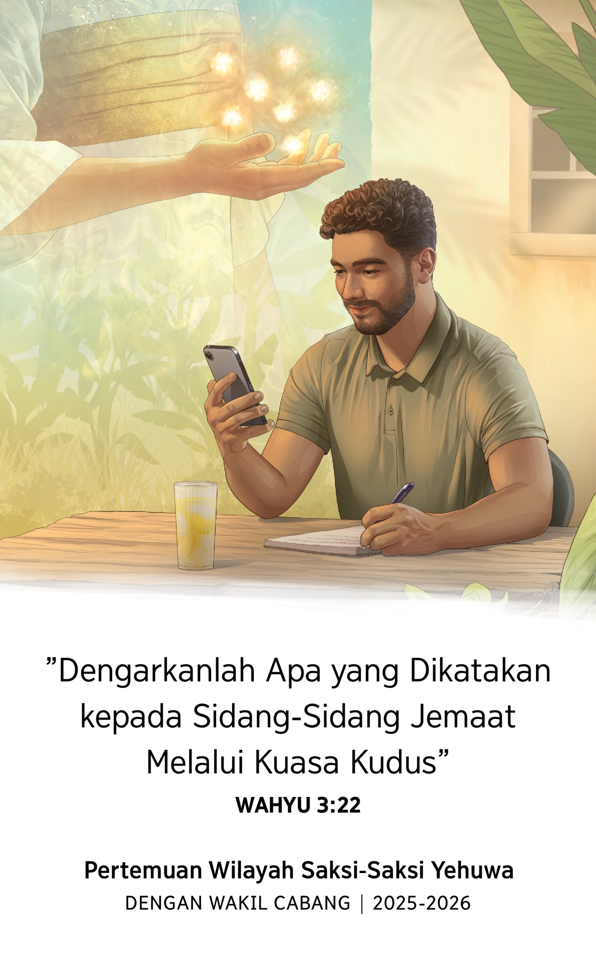 Gambar: 1. Yesus memegang tujuh bintang di tangan kanannya. 2. Sambil duduk di luar ruangan, seorang saudara belajar pribadi. Dia memegang HP dan membuat catatan di bukunya.