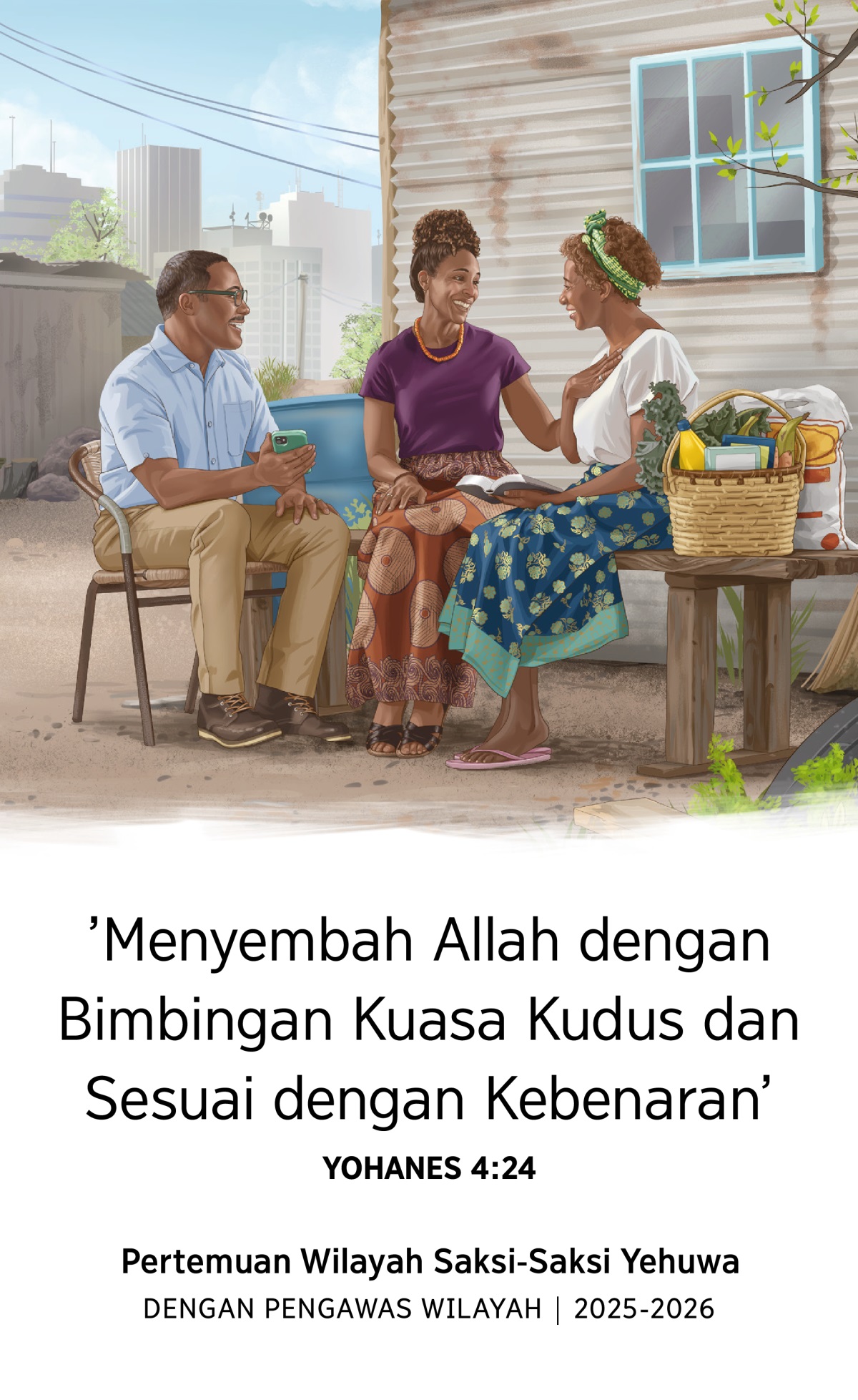 Seorang saudari yang tinggal di rumah sederhana di sebuah kota besar dengan senang hati menerima anjuran Alkitab dari pasangan suami istri Saksi yang membawakan dia makanan dan kebutuhan lainnya.