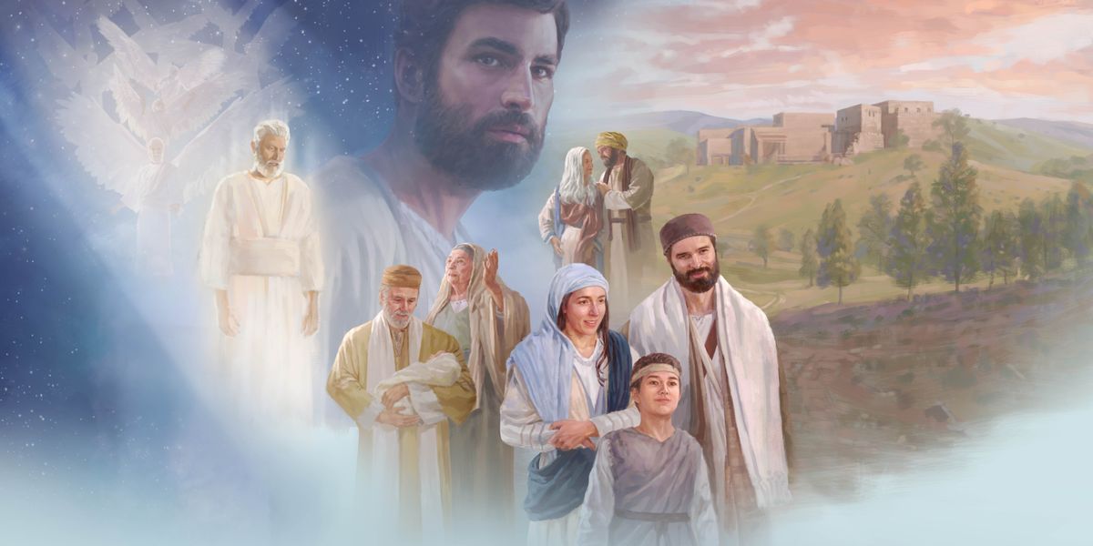 Beberapa gambar: Yesus. 1. Beberapa malaikat. 2. Seorang malaikat turun ke bumi untuk mengumumkan kelahiran Yesus. 3. Zakharia dan Elisabet. 4. Simeon menggendong bayi Yesus, nabiah Hana memuji Yehuwa. 5. Yusuf, Maria, dan Yesus yang masih kecil. 6. Kota Yerusalem.