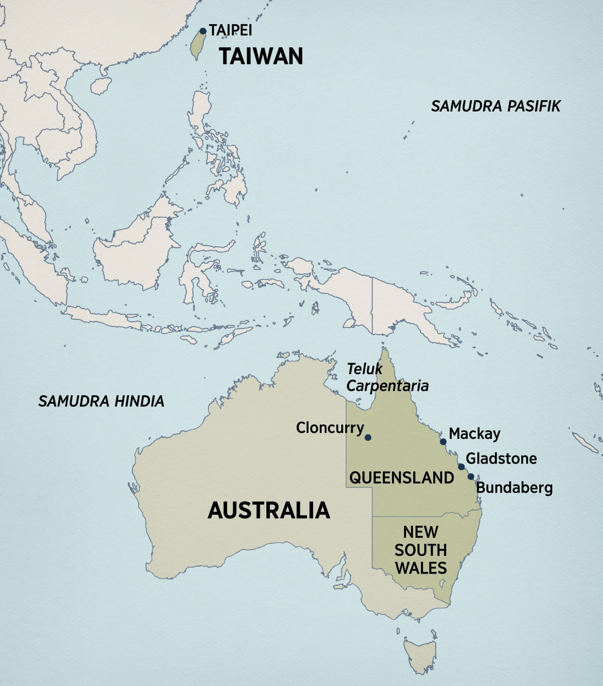 Sebuah peta yang menunjukkan wilayah Australia dan Asia bagian timur. Di peta itu, ada warna khusus yang menandai tempat yang pernah didatangi Terry, termasuk: Taipei, Taiwan; Teluk Carpentaria, Cloncurry, Mackay, Gladstone, dan Bundaberg di Queensland, Australia; dan New South Wales, Australia.