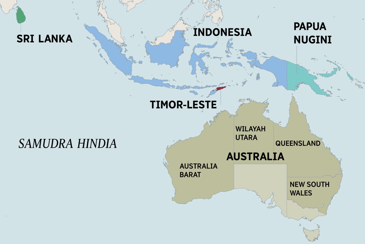 Peta Australia dan negara-negara tetangganya, termasuk Sri Lanka, Indonesia, Papua Nugini, dan Timor-Leste. Peta Australia terbagi menjadi Wilayah Utara dan beberapa negara bagian, yaitu Australia Barat, Queensland, dan New South Wales.