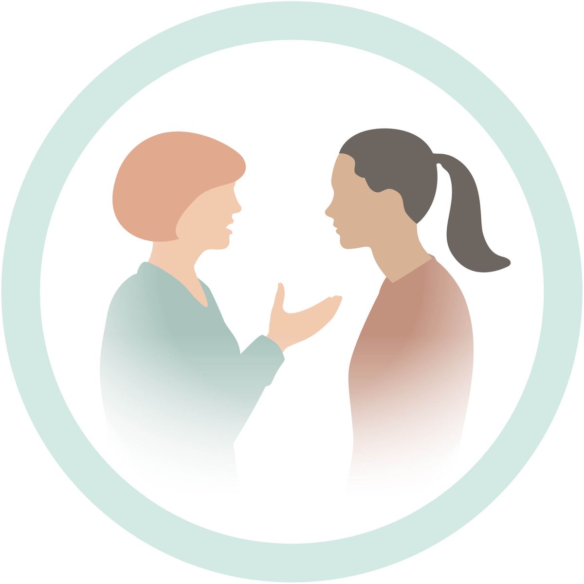 Ilustrasi seorang wanita sedang mendengarkan wanita lainnya.