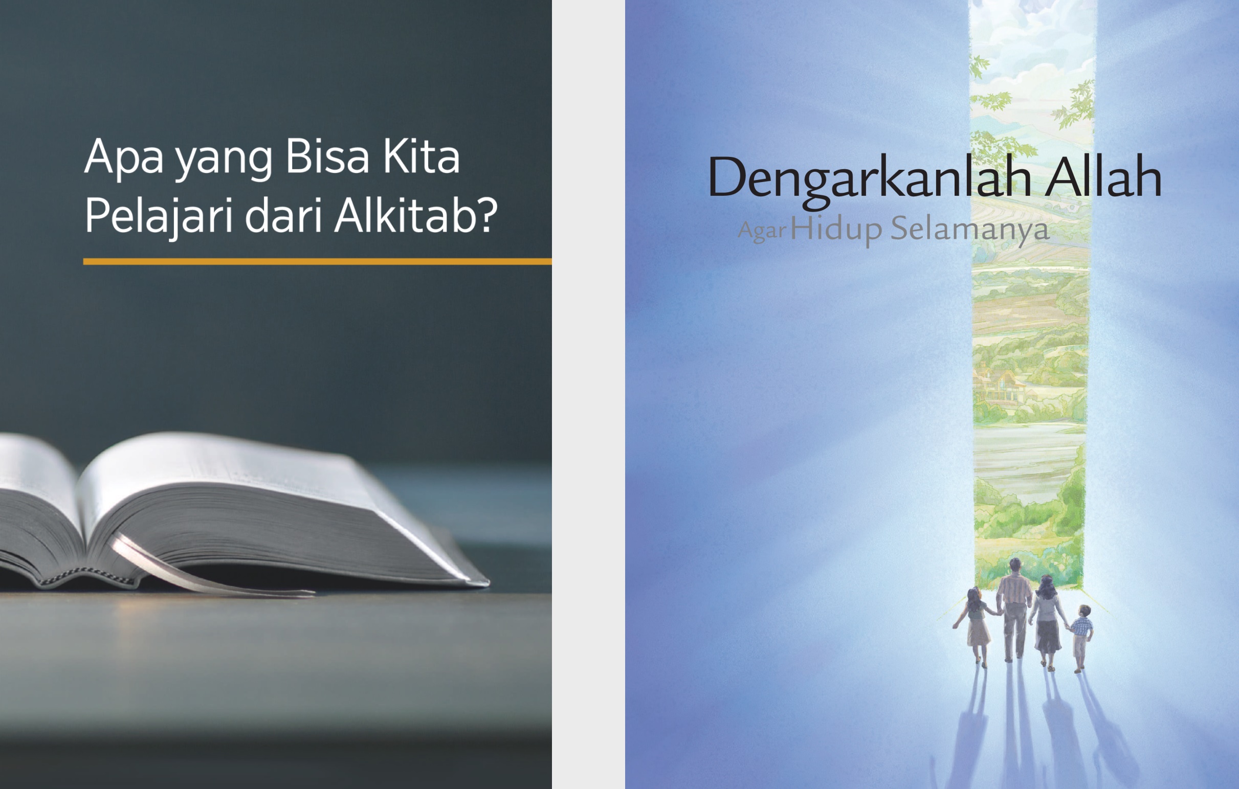 Buku ʼApa yang Bisa Kita Pelajari dari Alkitab?ʼ dan brosur ʼDengarkanlah Allah Agar Hidup Selamanyaʼ.