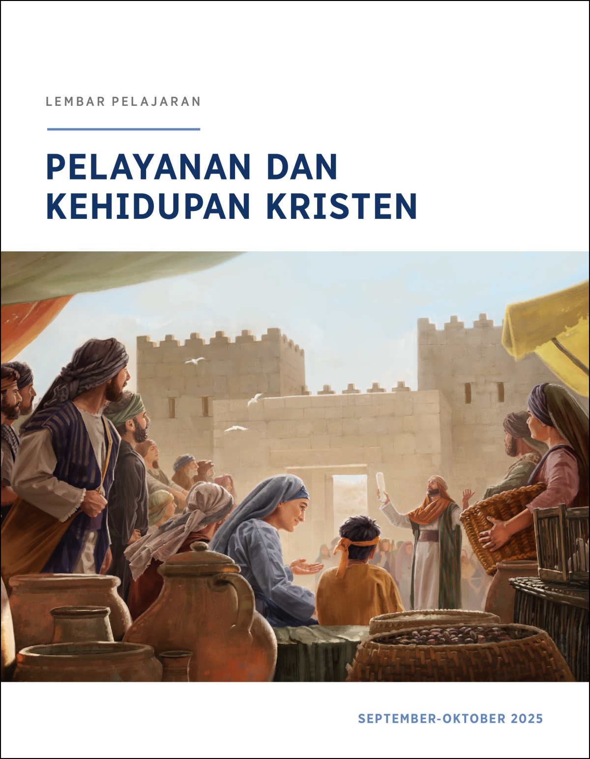 Di dekat gerbang kota, sekelompok orang Israel mendengarkan seorang imam yang sedang berbicara. Imam itu memegang sebuah gulungan.