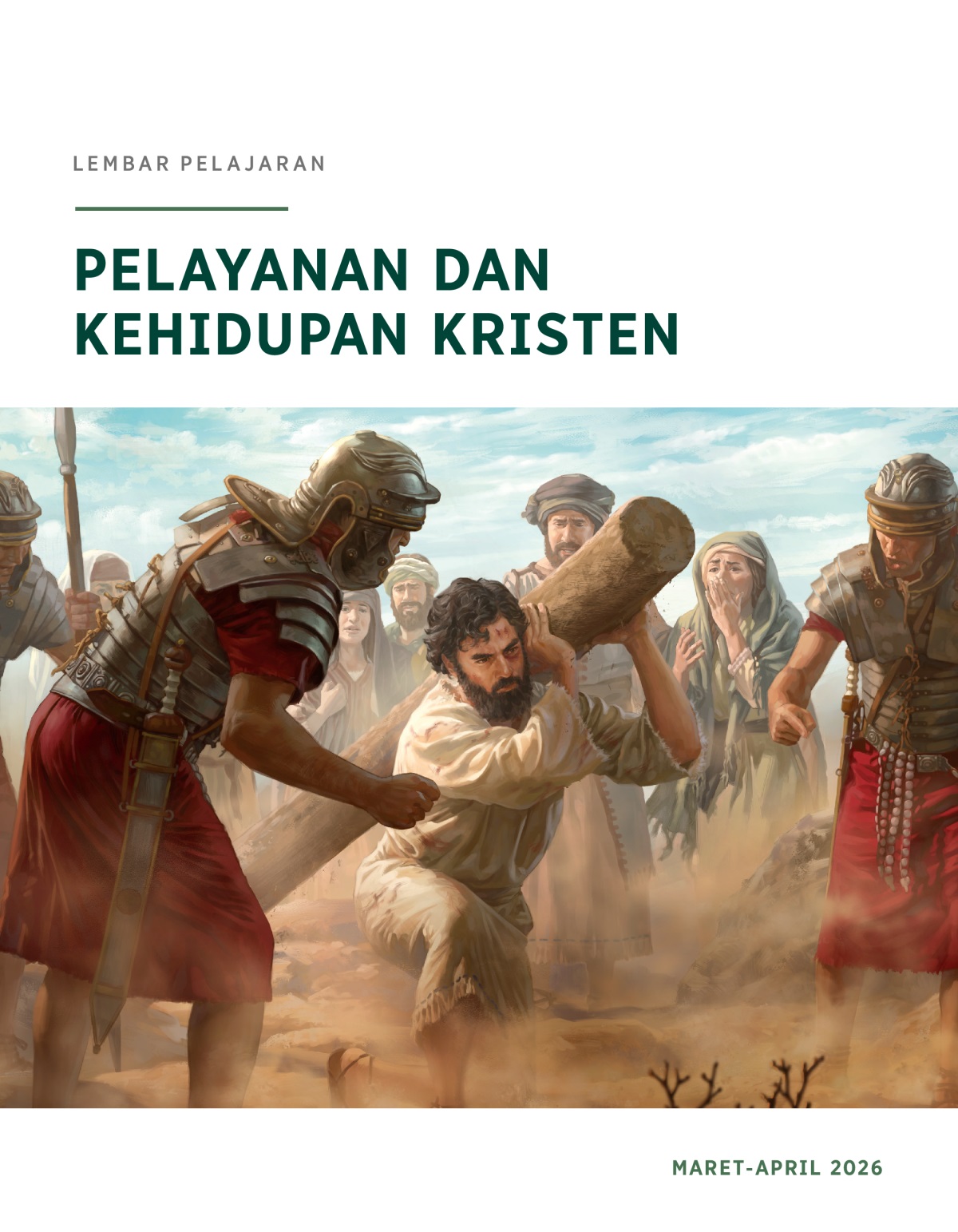 Yesus kesulitan memikul tiang siksaannya. Para prajurit Romawi meneriaki dia. Orang-orang Yahudi memandangi dia dengan sedih.