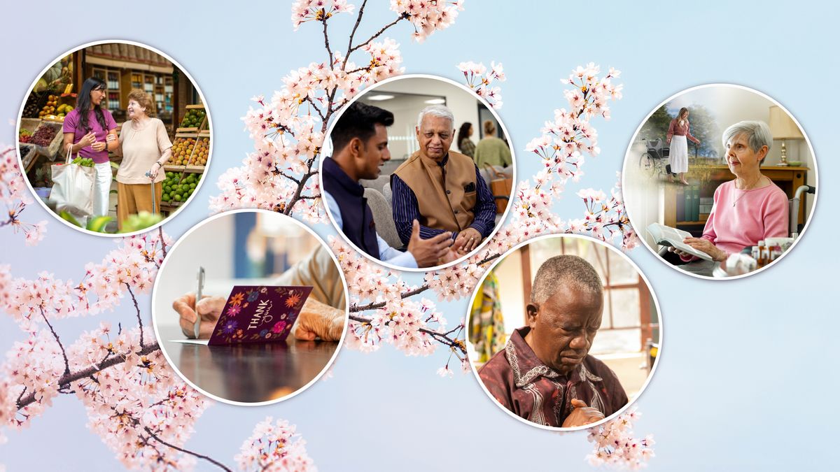 Cabang pohon sakura yang sedang berbunga. Di depannya, ada beberapa gambar yang menunjukkan bagaimana saudara-saudari lansia bisa tetap bahagia. Gambar-gambar itu muncul lagi di paragraf 9-13.