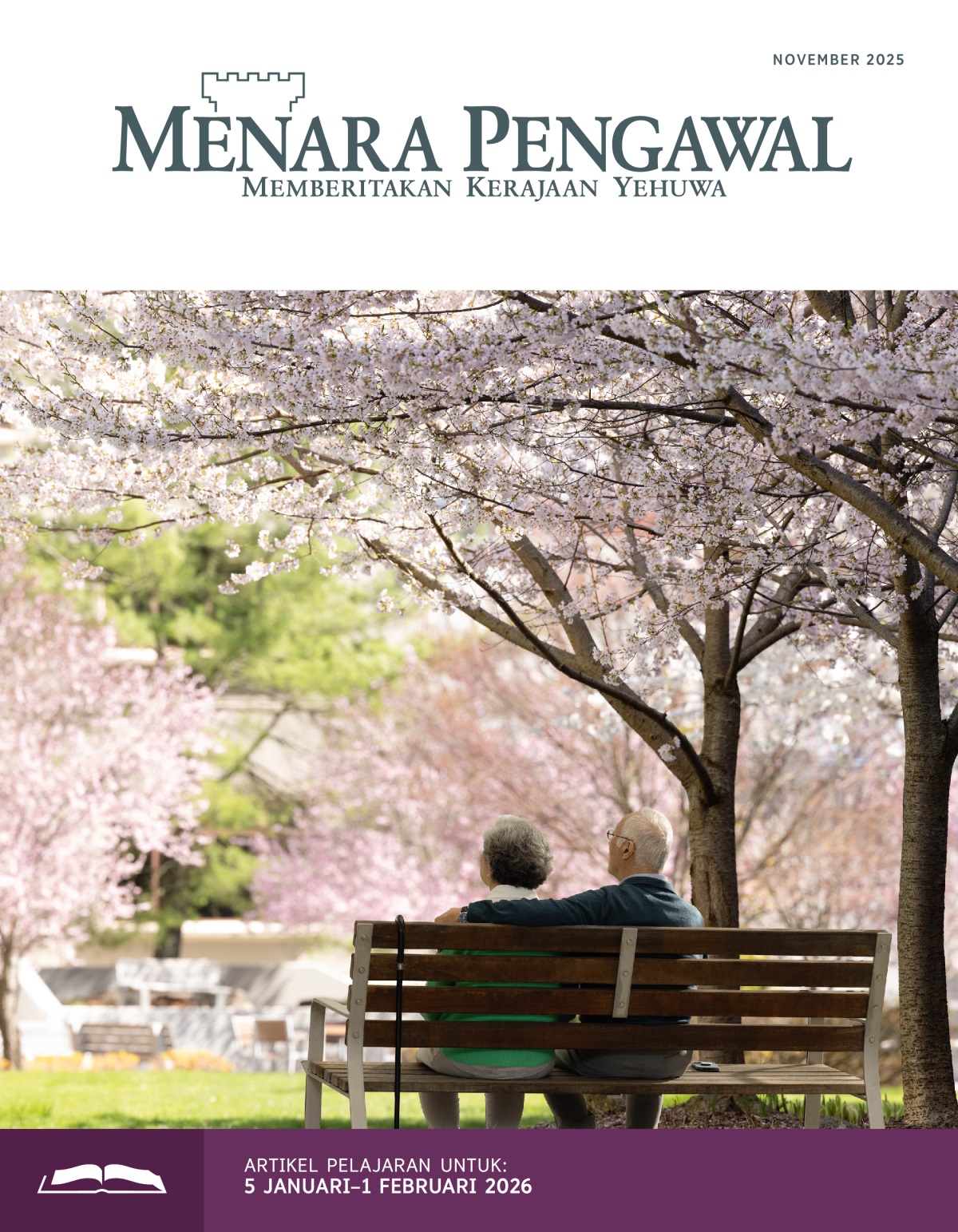 Sepasang lansia duduk di sebuah kursi taman. Di sekeliling mereka, ada banyak pohon sakura yang berbunga.