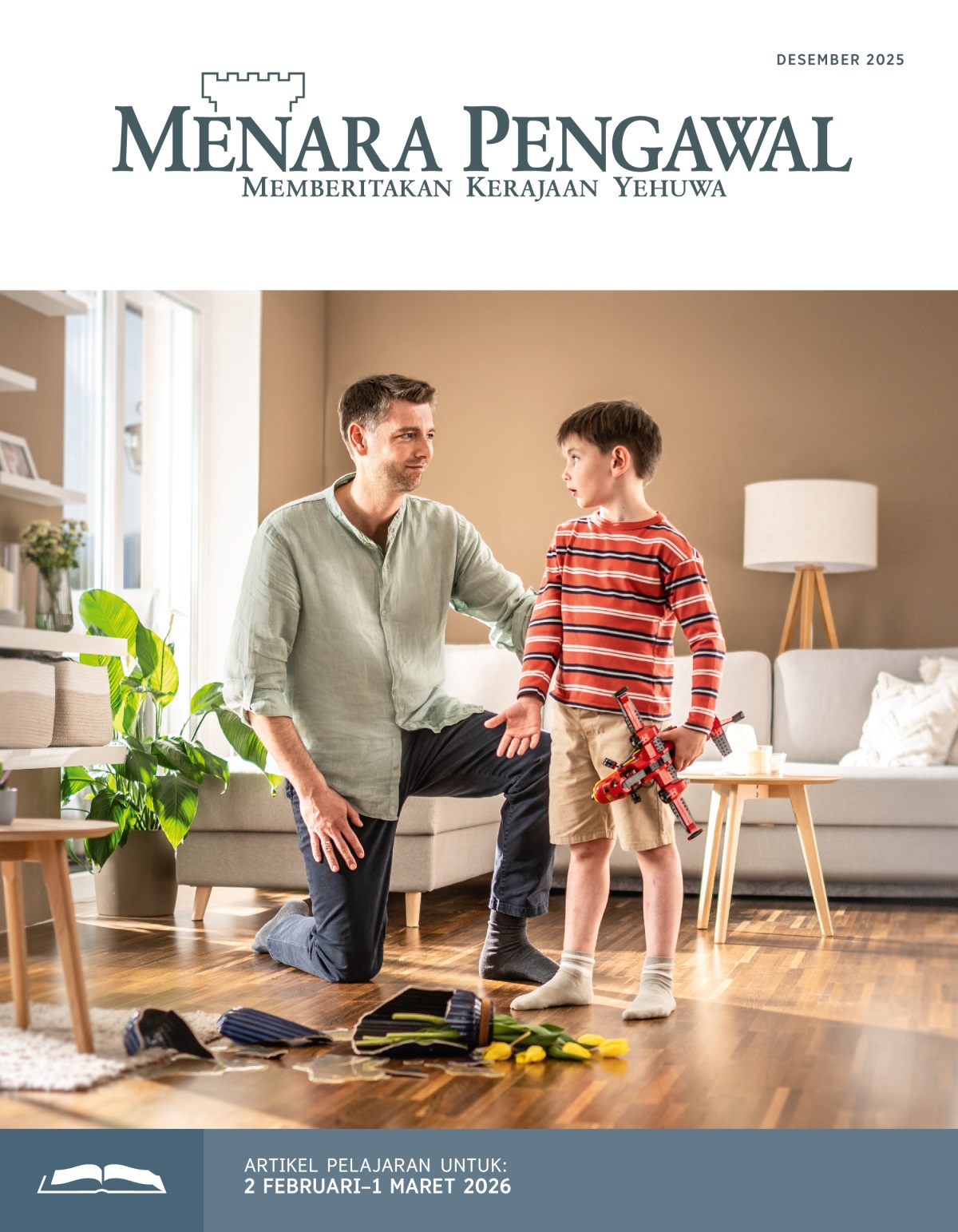 Seorang ayah dengan sabar mendengarkan penjelasan anaknya, yang memecahkan sebuah vas bunga saat bermain dengan pesawat mainan.