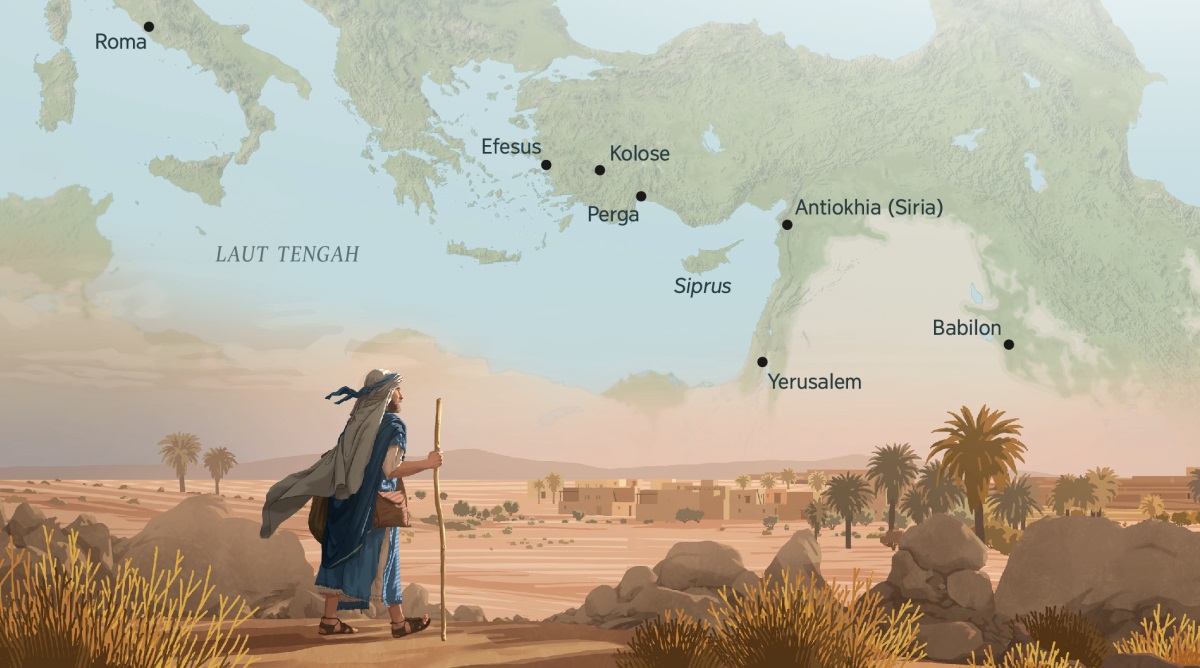 Markus berjalan di gurun yang luas menuju sebuah kota di kejauhan. Di latar gambar ini ada peta yang menunjukkan beberapa tempat yang mungkin pernah dia kunjungi: 1. Roma. 2. Efesus. 3. Kolose. 4. Perga. 5. Siprus. 6. Antiokhia (Siria). 7. Yerusalem. 8. Babilon.