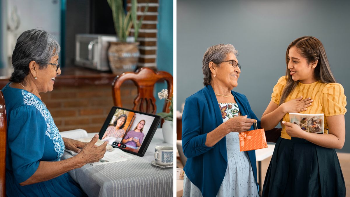 Beberapa gambar: Seorang saudari lansia tetap sibuk dalam pelayanan. 1. Dia memandu pelajaran Alkitab lewat ”video-conference”. 2. Dia memberikan hadiah kecil kepada seorang saudari perintis yang masih muda di sidangnya. Saudari muda itu sedang memegang buku Sekolah Dinas Perintis.