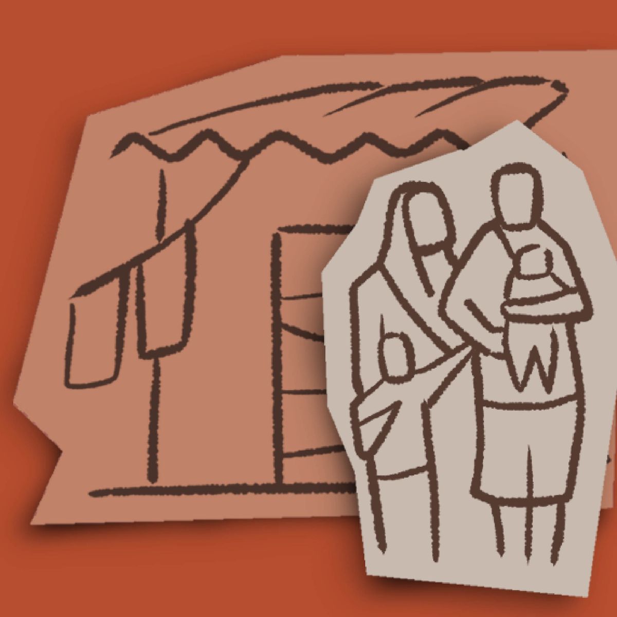 Ilustrasi sebuah keluarga yang berdiri di depan rumah mereka yang sederhana.