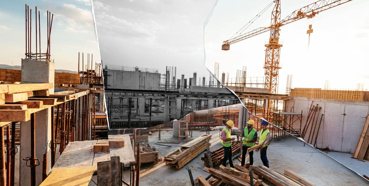 Foto yang robek, yang menunjukkan sebuah bangunan yang sedang dibangun, dan di situ ada beberapa pekerja yang sedang membicarakan proyek itu.