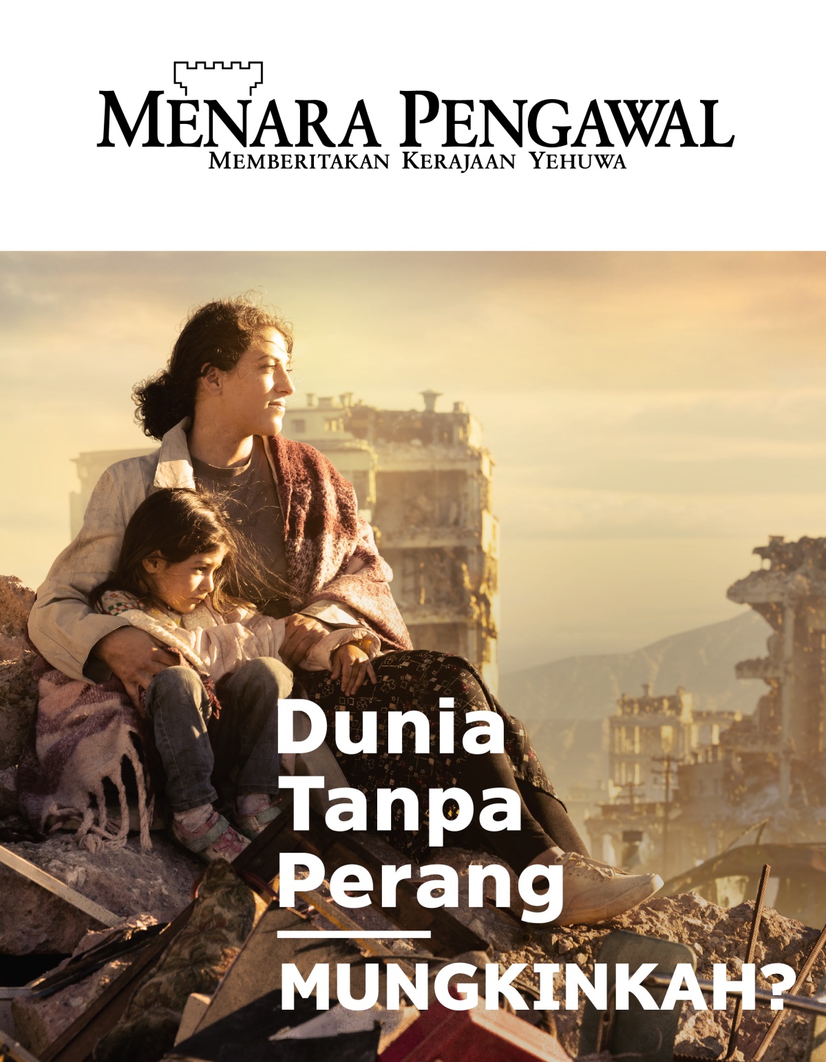 Seorang wanita bersama anak perempuannya yang masih kecil duduk di tumpukan puing di sebuah kota yang sudah luluh lantak akibat perang. Di sekeliling mereka, ada gedung-gedung yang hancur.