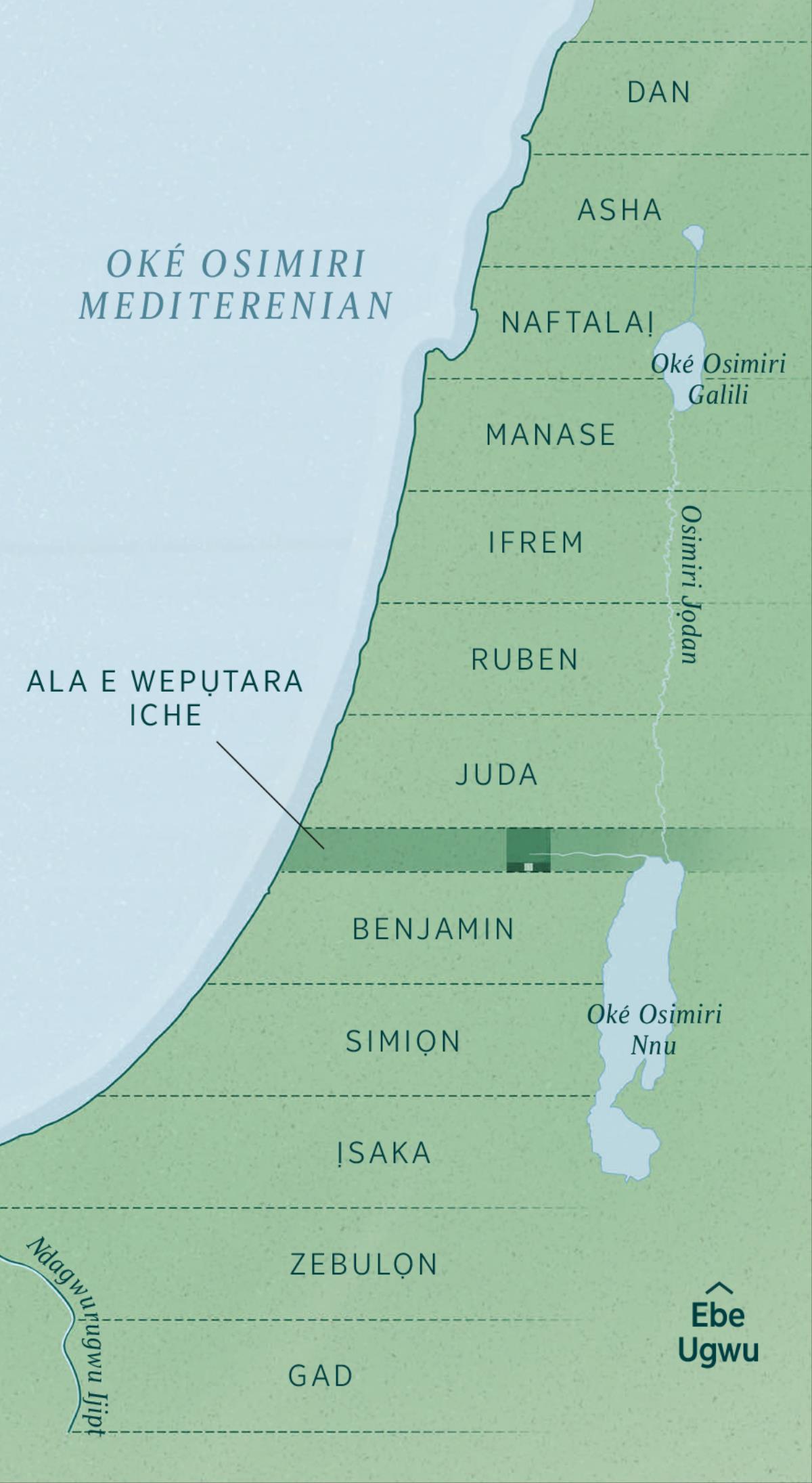 Map nke gosiri ókè ala há nhata a ga-ekere ndị Izrel si n’ebe a dọọrọ ha n’agha lọta, otú Ezikiel dere ya, malite n’ebe ugwu ruo n’ebe ndịda, malite na Dan, Asha, Naftalaị, Manase, Ifrem, Ruben, Juda, Ala E Wepụtara Iche, (ala ebe nlekọta na-anọ ahazi ihe), Benjamin, Simiọn, Ịsaka, Zebulọn, ruo na Gad.