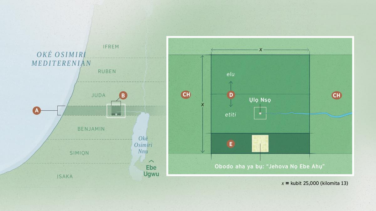 Map ala Jehova wepụtara iche nke a kpọrọ ‘ala a ga-ewepụta iche.’ Map nke dị n’ime ya na-egosi ala akụkụ ya anọ há nhata nke dị kụbit 25,000 (kilomita 13) malite n’ebe ugwu ruo n’ebe ndịda, dịrịkwa kubit 25,000 malite n’ebe ọwụwa anyanwụ ruo n’ebe ọdịda anyanwụ. A kpọrọ ala ahụ akụkụ anọ ya há nhata ‘ala niile e nyere Chineke.’ E kere ya ụzọ atọ, otu n’elu, otu n’etiti. Ụlọ nsọ dị na nke etiti ya. Na nke ala ya, e nwere obodo aha ya bụ ‘Jehova Nọ Ebe Ahụ.’