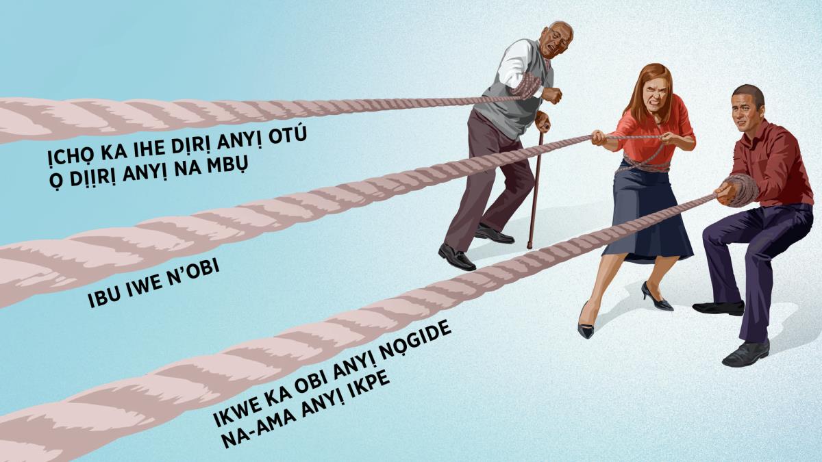 Ebe otu nwanna nwoke mere agadi, otu nwanna nwaanyị, na otu nwanna na-eto eto na-adọ ụdọ. Onye ọ bụla na-adọ ụdọ nke ya. Ihe e dere n’ụdọ ndị ahụ bụ ‘mmadụ ịchọ ka ihe dịrị ya otú ọ dịịrị ya na mbụ,’ ‘ibu iwe n’obi,’ na ‘mmadụ ikwe ka obi ya nọgide na-ama ya ikpe.’