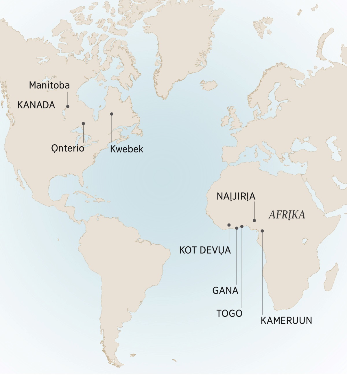 Map na-egosi ebe ndị Nwanna André jere ozi na ebe ndị o biri: Manitoba, Ọnterio, na Kwebek, dị na Kanada; Kameruun, Kot Devụa, Gana, Naịjirịa, na Togo, dị n’Afrịka.