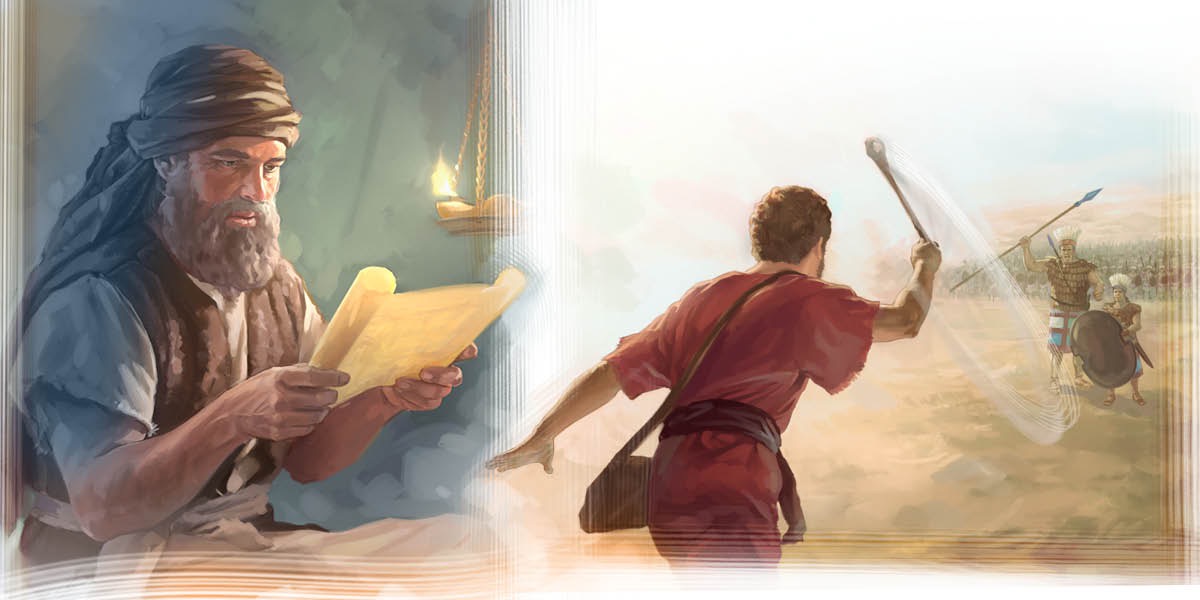 Joshua reads the Law; David slings a stone at Goliath
