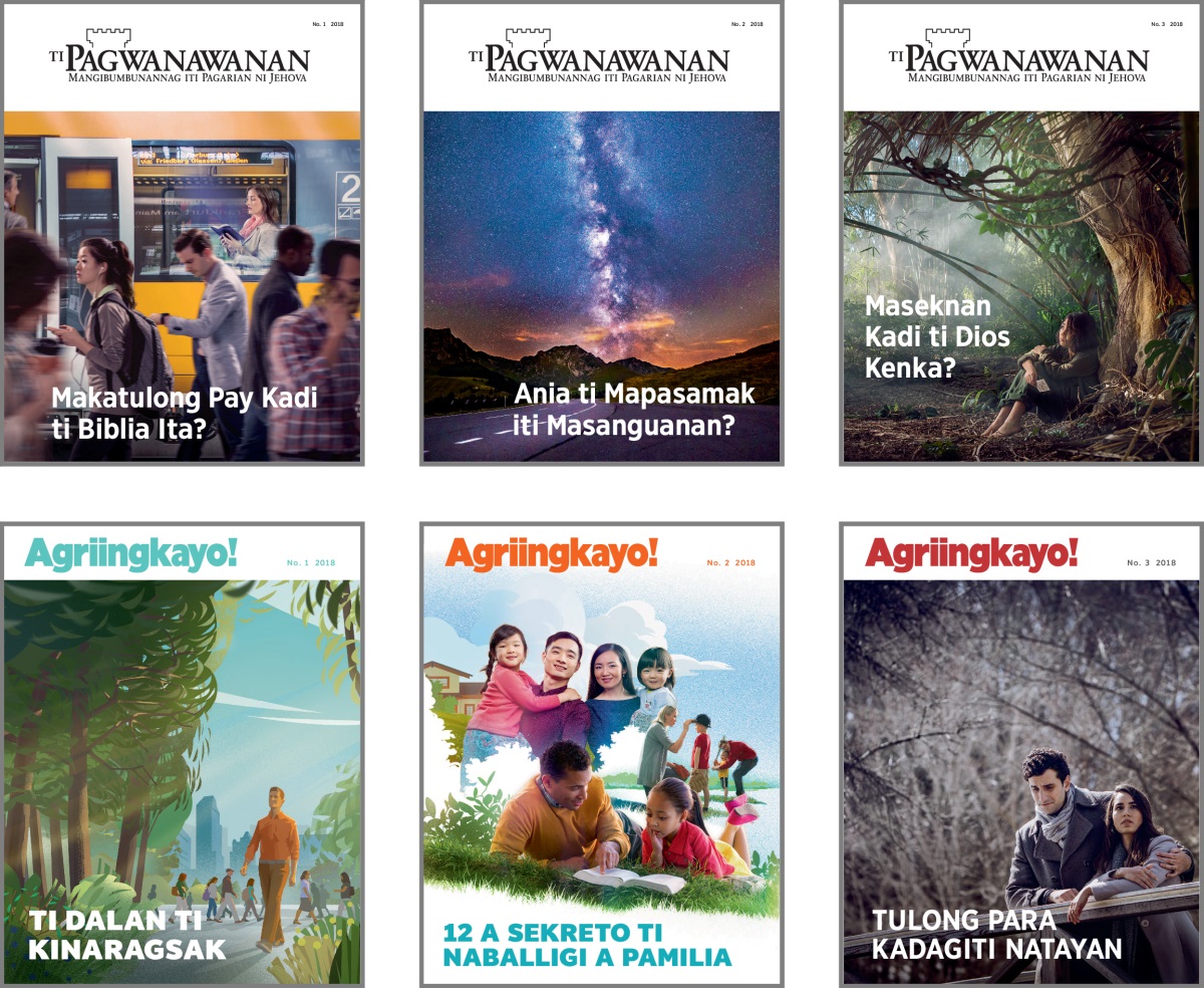 Dagiti ladawan: Dagiti topiko iti akkub ‘Ti Pagwanawanan’ ken ‘Agriingkayo!’ idi 2018. 1. ‘Makatulong Pay Kadi ti Biblia Ita?’ 2. ‘Ania ti Mapasamak iti Masanguanan?’ 3. ‘Maseknan Kadi ti Dios Kenka?’ 4. ‘Ti Dalan ti Kinaragsak.’ 5. ‘12 a Sekreto ti Naballigi a Pamilia.’ 6. ‘Tulong Para Kadagiti Natayan.’