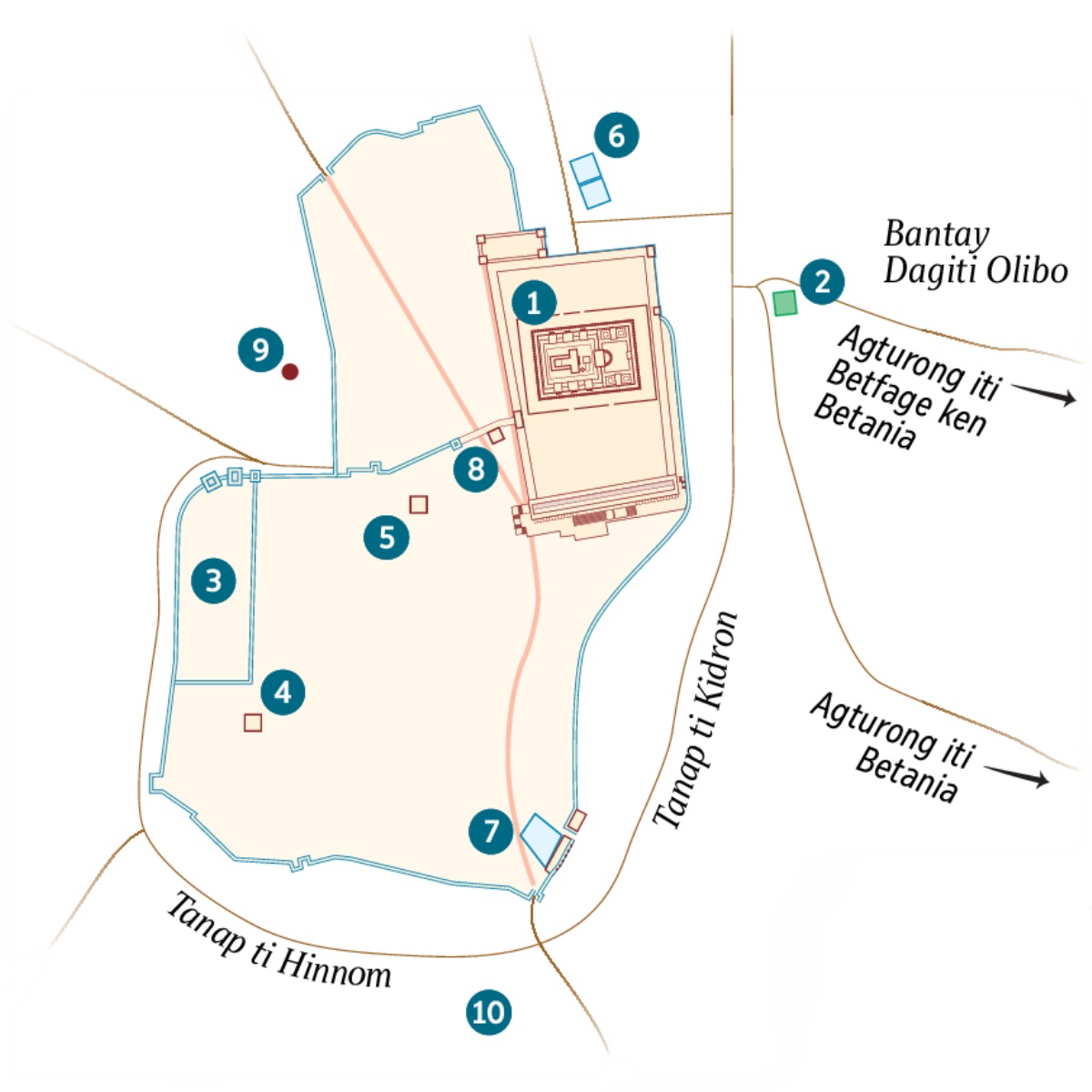 Mapa ti Jerusalem ken ti aglawlawna. Nailista dagiti pagaammo ken posible a lokasion. 1. Templo. 2. Hardin ti Getsemani. 3. Palasio ti Gobernador. 4. Balay ni Caifas. 5. Palasio nga Inusar ni Herodes Antipas. 6. Pagdigusan ti Bethzatha. 7. Pagdigusan ti Siloam. 8. Siled ti Sanhedrin. 9. Golgotha. 10. Akeldama.