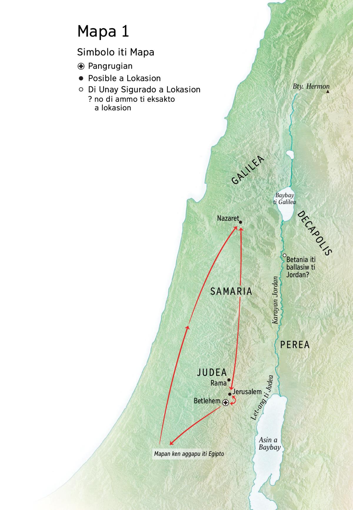 Mapa dagiti lugar idi panawen ni Jesus: Betlehem, Nazaret, Jerusalem