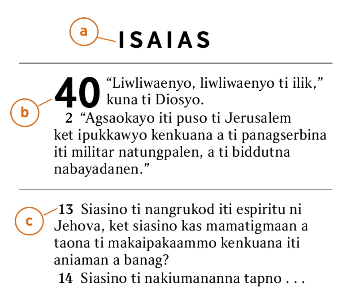 Teksto iti Biblia a mangipakita no kasano a mabirokam ti a) ti libro ti Biblia, b) ti kapitulo, ken c) ti bersikulo