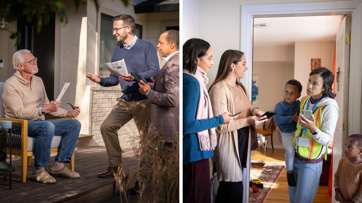 Collage: 1. Two brothers speak with an older man who sits on a porch outside his home. 2. Two sisters share the “Enjoy Life Forever!” brochure with a mother at her apartment door. The mother holds her young son in her arms while her other son stands near her.