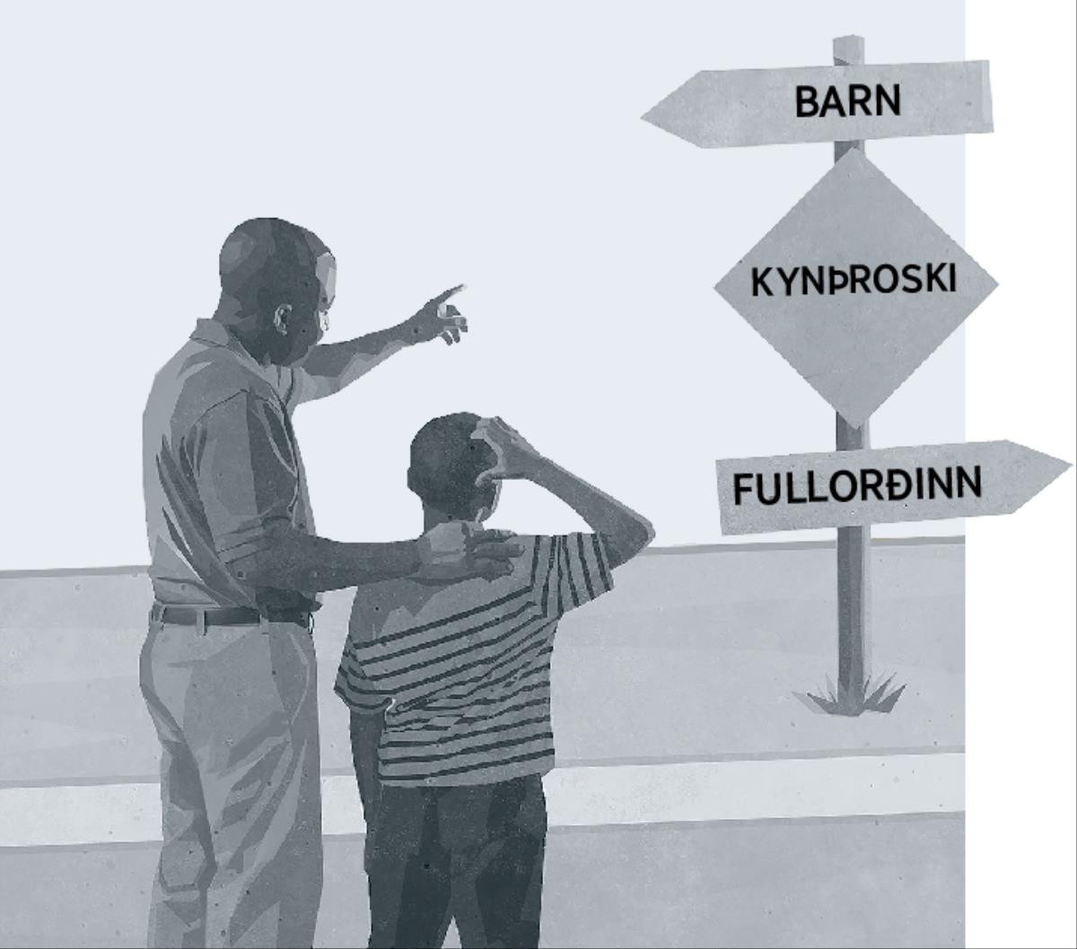 Feðgar skoða skilti sem sýnir kynþroskaskeiðið sem er á milli bernsku og fullorðinsáranna.