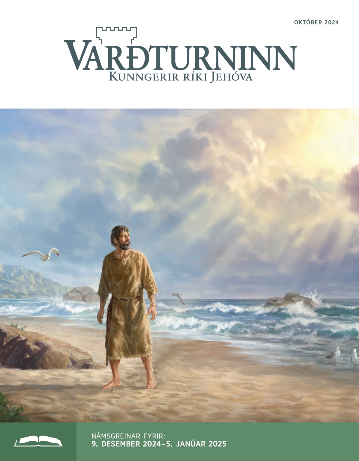 Jónas spámaður stendur rennandi blautur í fjörunni og horfir til himins.