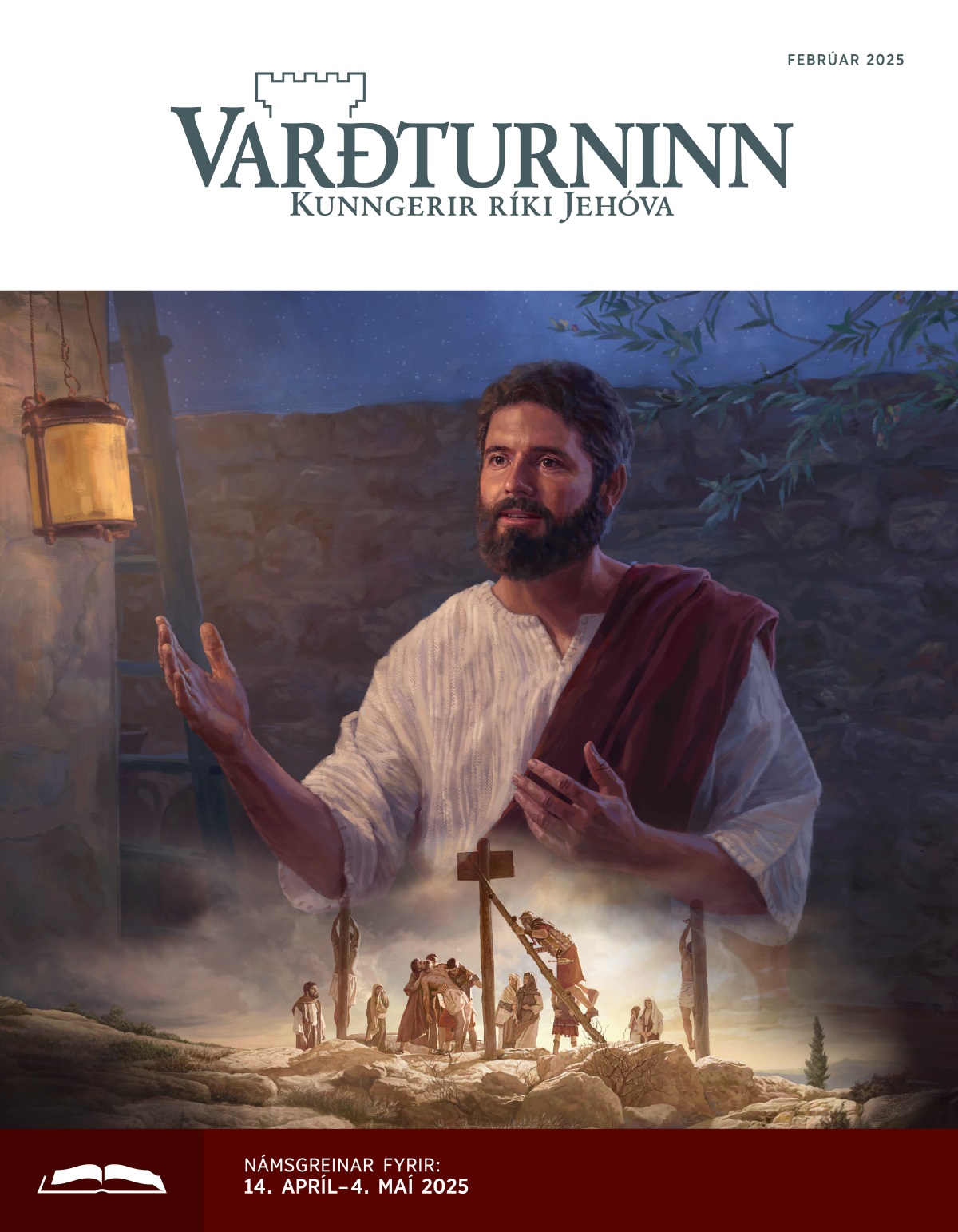 Samsett mynd: 1. Jesús talar að kvöldi til. 2. Rómverskir hermenn taka lífvana líkama Jesú af kvalastaurnum.