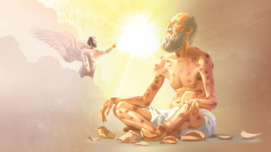 In cielo, Satana accusa Giobbe davanti a Geova. Giobbe è seduto a terra e ha foruncoli su tutto il corpo.