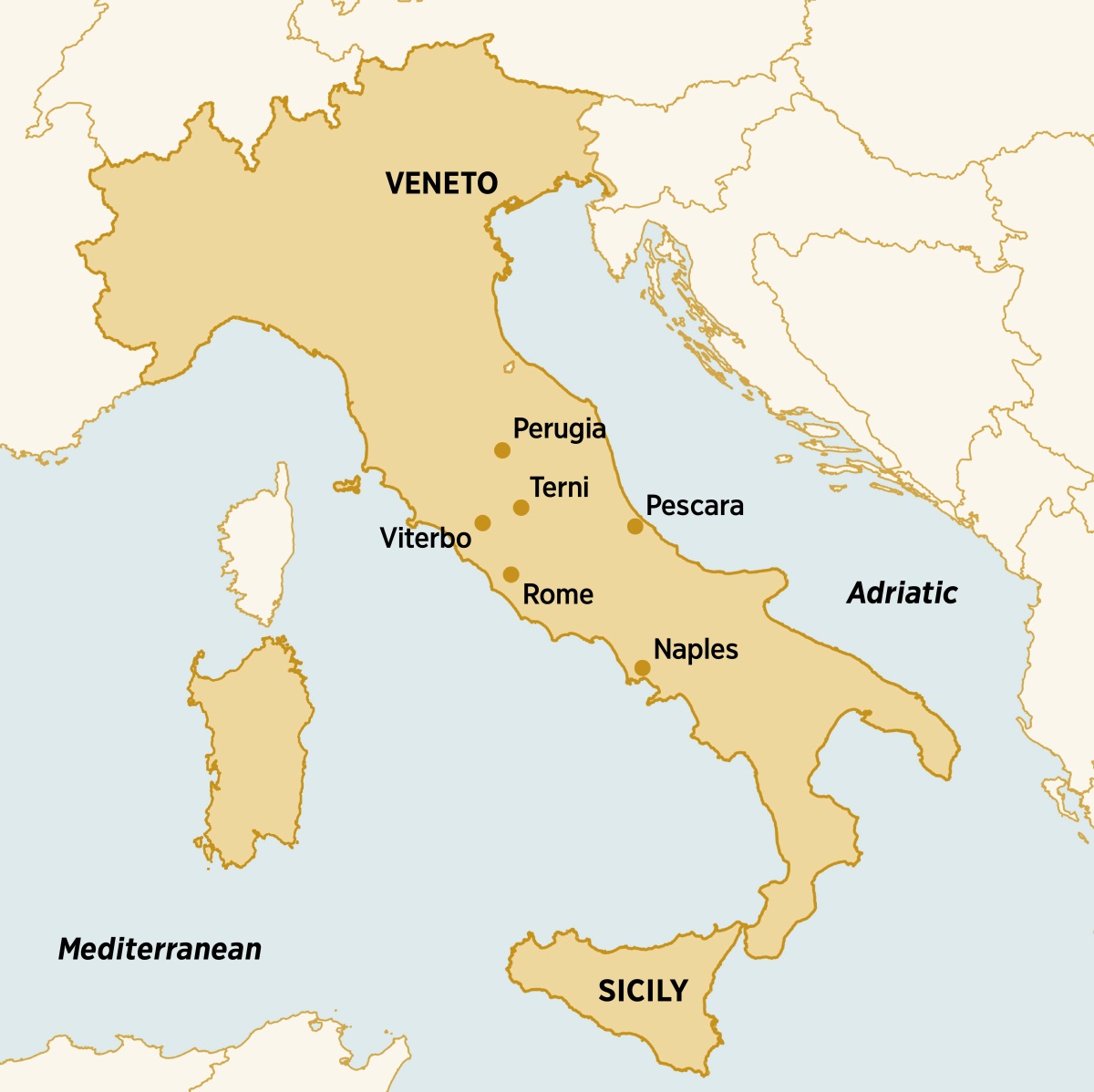 Emapo ewho Italy nọ Dorina Caparelli ọ rria, jọ ta usi uwoma, je kpohọ ikokohọ: Veneto, Perugia, Terni, Pescara, Sicily, Naples, Rome, Viterbo.