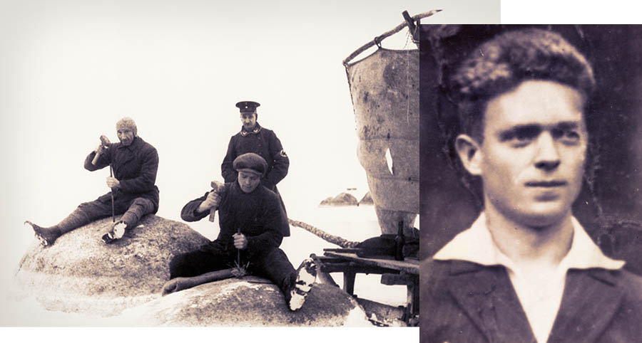 Collage: 1. Due prigionieri, sorvegliati da una guardia nazista, tagliano la pietra con martello e scalpello. 2. Heinz Bernecker.
