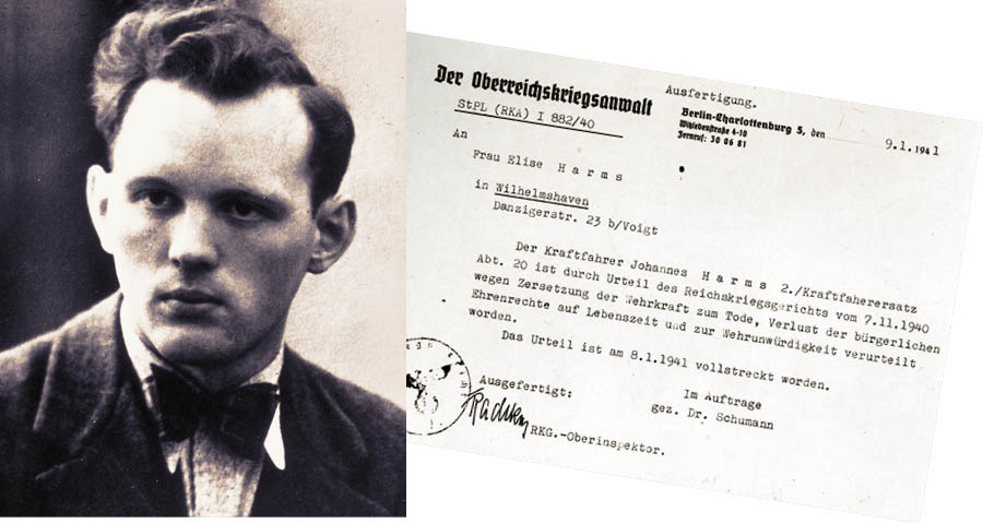 Collage: 1. Johannes Harms. 2. Copia del suo certificato di morte.