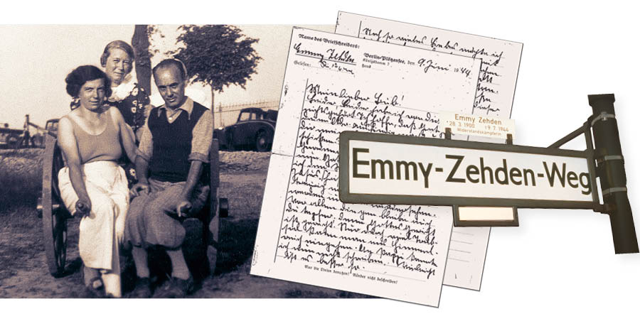 Collage: 1. Emmy Zehden in una foto di gruppo all’aperto. 2. La lettera di addio scritta da Emmy al nipote e figlio adottivo, Horst. 3. Targhetta di una strada oggi dedicata a lei.