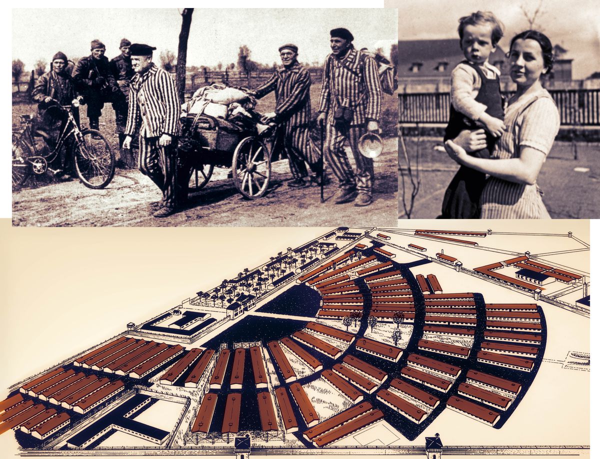 Collage: 1. Tre testimoni di Geova in uniforme da carcerato, una volta liberati dai campi, camminano su una strada con alcuni oggetti personali e un carretto trainato a mano. 2. Gertrud Poetzinger tiene in braccio il figlio di un militare. 3. Rappresentazione grafica del campo di concentramento di Sachsenhausen.