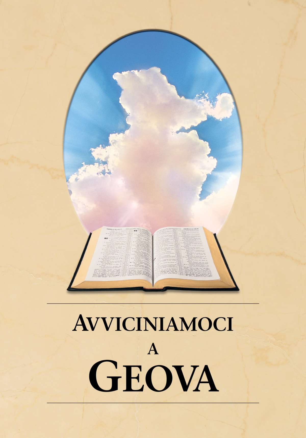 Il libro “Avviciniamoci a Geova”. Una Bibbia aperta e la luce del sole che splende tra le nuvole.